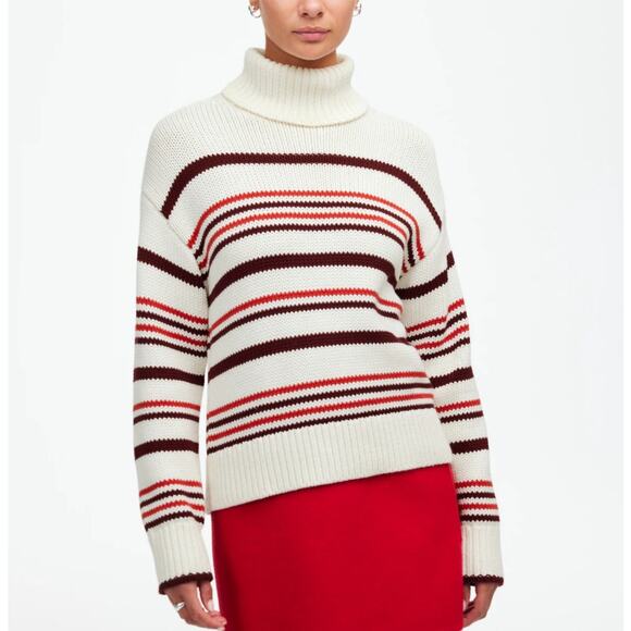 Madewell Ribbed Cotton Turtleneck Sweater WMNS S White Red Cabernet Stripe Knit - Picture 1 of 9
